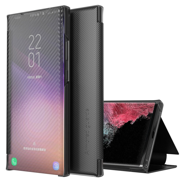 Samsung Galaxy S22 Ultra 5G Carbon Fiber View Time Leather Phone Case (Black) with Caller ID Viewing and Flip Stand