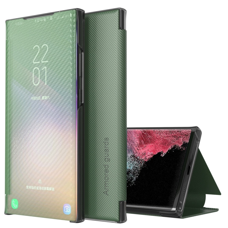 Carbon Fiber Green Leather Phone Case for Samsung Galaxy S22 Ultra 5G
