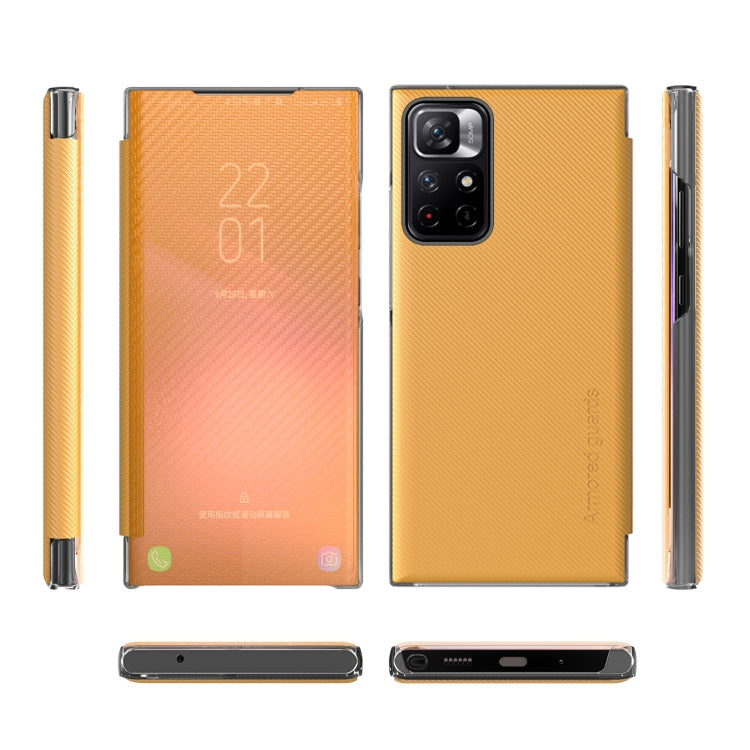Carbon Fiber View Time Leather Phone Case for Xiaomi Redmi Note 11 5G (Yellow)