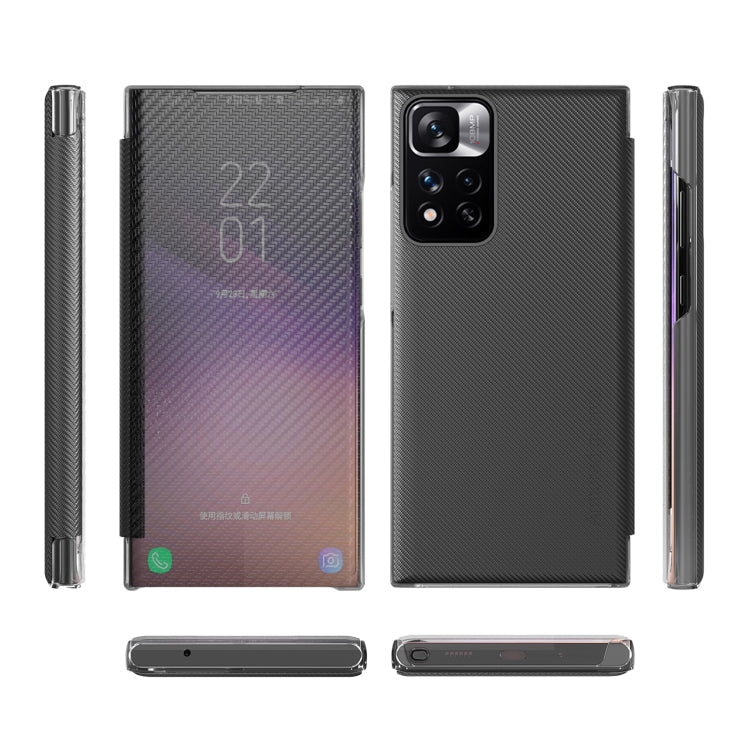 Carbon Fiber View Time Leather Phone Case for Xiaomi Redmi Note 11 Pro 5G (Black)