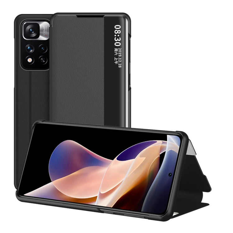 Black Leather Window View Phone Case for Xiaomi Redmi Note 11 Pro