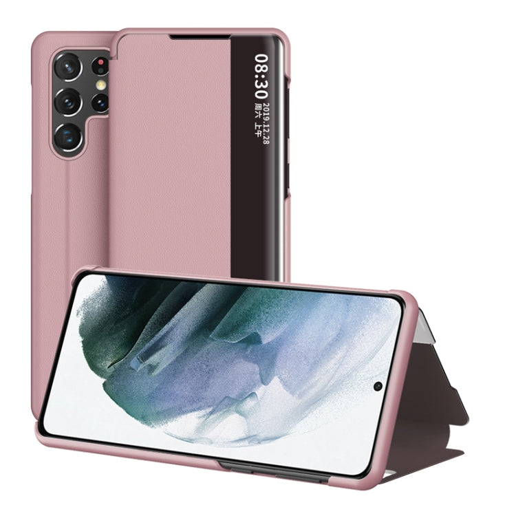 Rose Gold Leather Phone Case with Window View for Samsung Galaxy S22 Ultra 5G