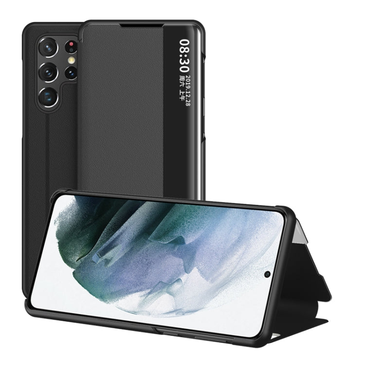Black Leather Window View Phone Case for Samsung Galaxy S22 Ultra