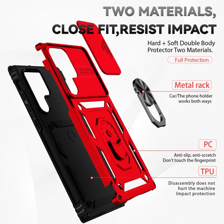 Red Sliding Camshield Holder Phone Case for Samsung Galaxy S22 Ultra 5G