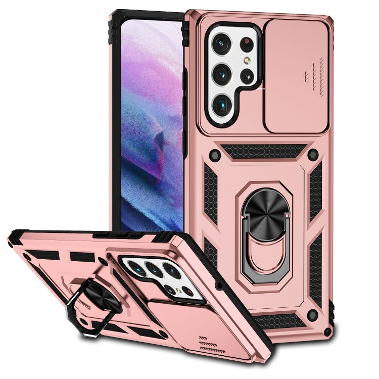 Rose Gold Sliding Camshield Holder Phone Case for Samsung Galaxy S22 Ultra 5G