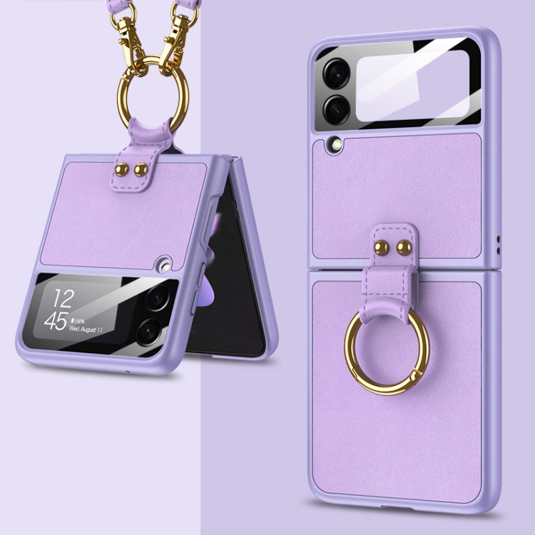 GKK Ultra-thin PC + PU Phone Case for Samsung Galaxy Z Flip3 5G with Ring & Strap (Purple)