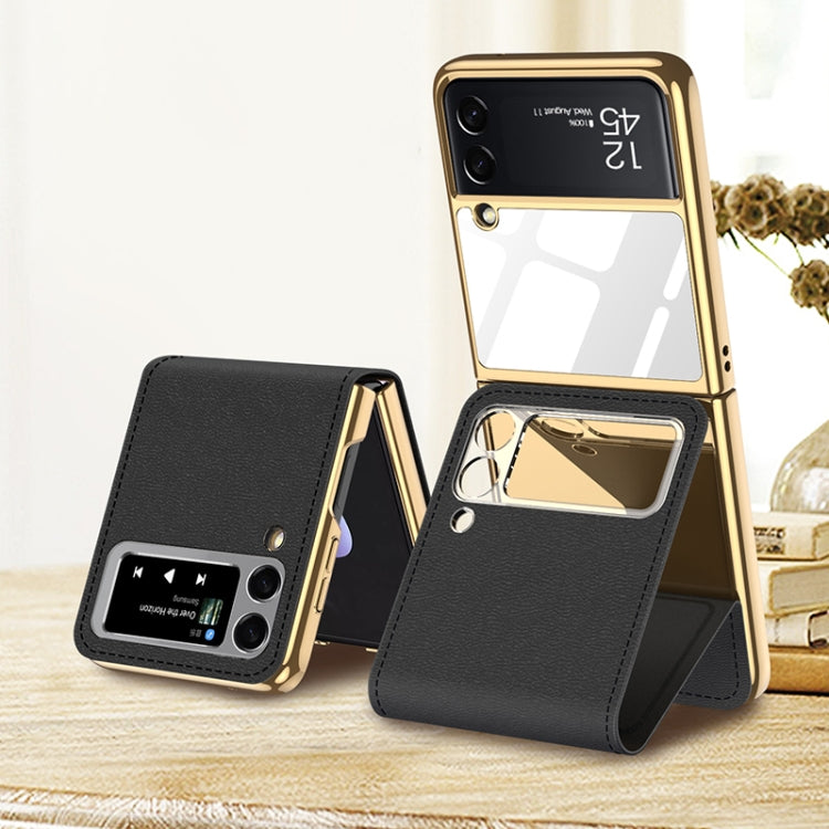 GKK Plating + Leather Phone Case with Magnetic Holder for Samsung Galaxy Z Flip3 5G (Black)