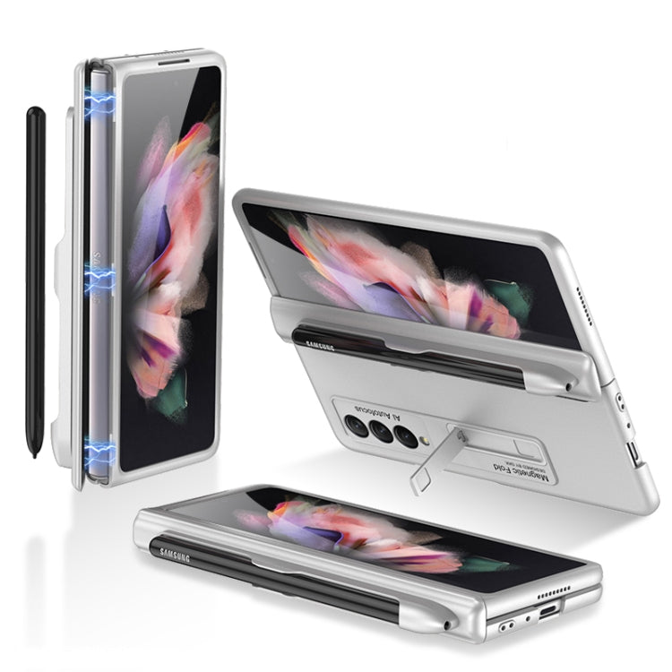Silver Magnetic Full Coverage Phone Flip Case for Samsung Galaxy Z Fold3 5G with Pen Slot
