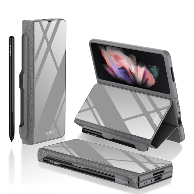 GKK Flip Tempered Glass Phone Case with Pen Slot for Samsung Galaxy Z Fold3 5G (Grey)