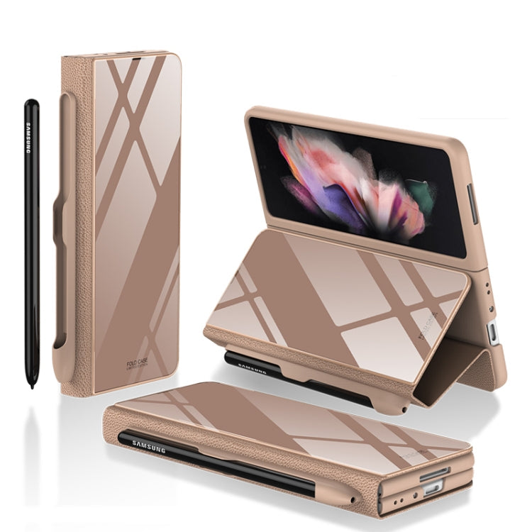 GKK Flip Tempered Glass Phone Case with Pen Slot for Samsung Galaxy Z Fold3 5G (Gold)