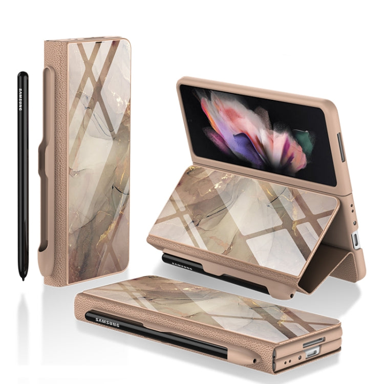 GKK Flip Tempered Glass Phone Case for Samsung Galaxy Z Fold3 5G with Pen Slot (Champagne Gold)