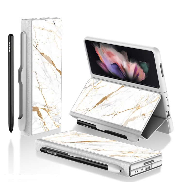 GKK Flip Tempered Glass Phone Case with Pen Slot for Samsung Galaxy Z Fold3 5G (Gold Line White)