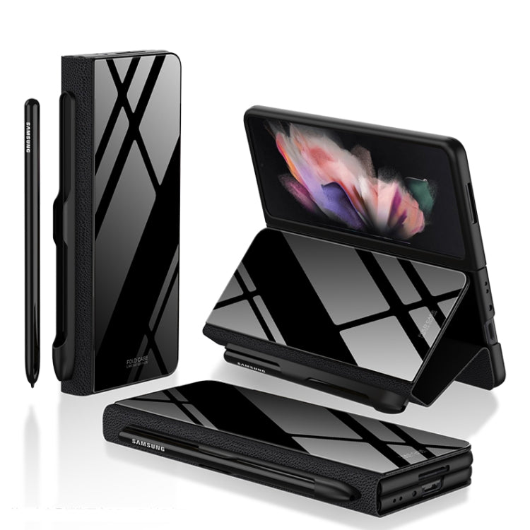 GKK Flip Tempered Glass Phone Case with Pen Slot for Samsung Galaxy Z Fold3 5G in Black