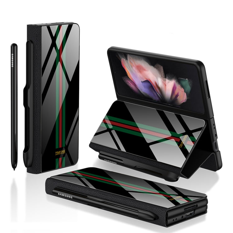GKK Flip Tempered Glass Phone Case for Samsung Galaxy Z Fold3 5G with Pen Slot - Green-Red-Green