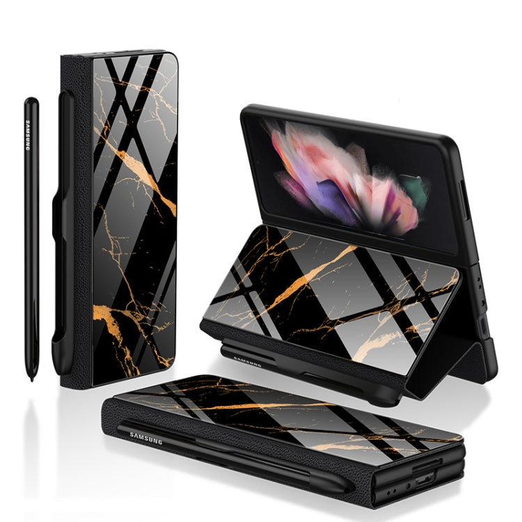 Samsung Galaxy Z Fold3 5G GKK Flip Tempered Glass Phone Case with Pen Slot (Gold Line Black)
