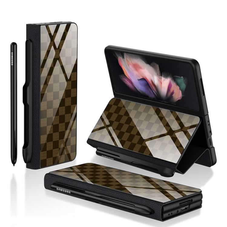 GKK Flip Tempered Glass Phone Case with Pen Slot for Samsung Galaxy Z Fold3 5G (Chess Brown)
