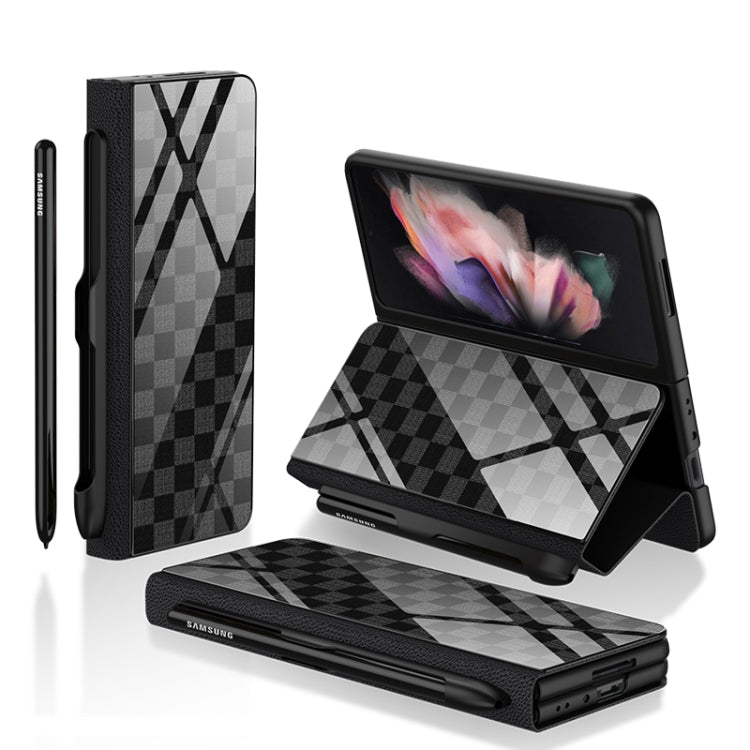GKK Flip Tempered Glass Phone Case for Samsung Galaxy Z Fold3 5G with Pen Slot (Chess Grey)