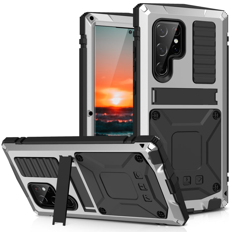 R-JUST Metal + Silicone Holder Phone Case for Samsung Galaxy S22 Ultra 5G (Silver)
