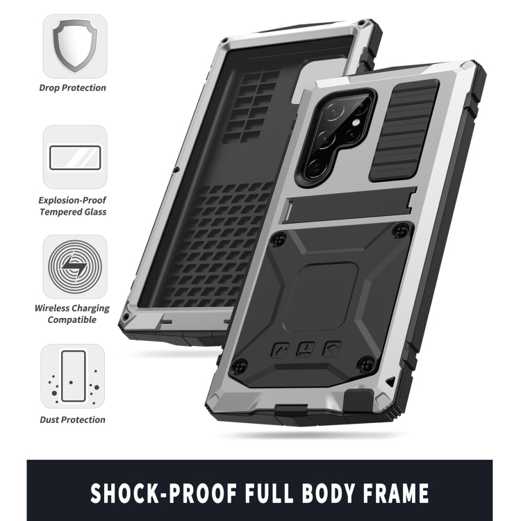 R-JUST Metal + Silicone Holder Phone Case for Samsung Galaxy S22 Ultra 5G (Silver)