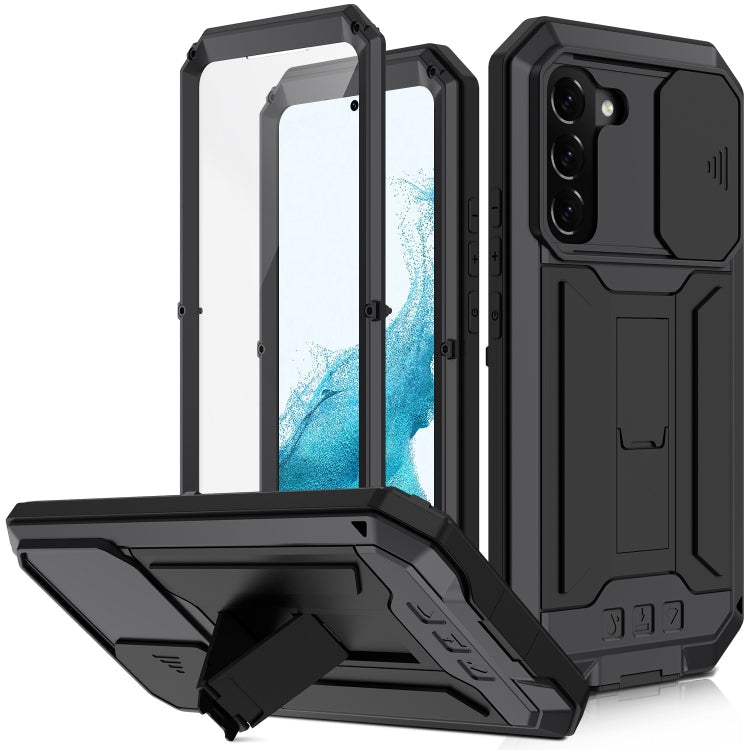 R-JUST Sliding Camera Metal + Silicone Phone Case for Samsung Galaxy S22 5G (Black)