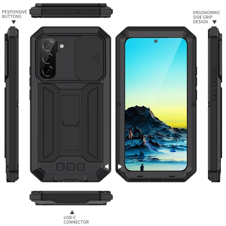 R-JUST Sliding Camera Metal + Silicone Holder Phone Case for Samsung Galaxy S22+ 5G in Black
