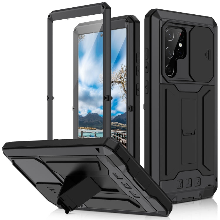 R-JUST Sliding Camera Metal + Silicone Phone Case for Samsung Galaxy S22 Ultra 5G (Black)