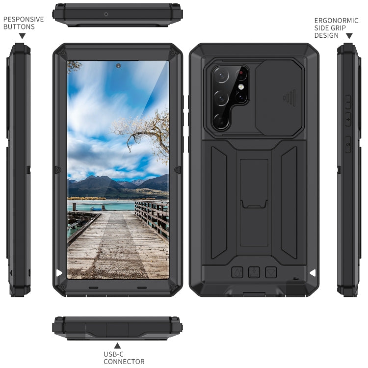 R-JUST Sliding Camera Metal + Silicone Phone Case for Samsung Galaxy S22 Ultra 5G (Black)