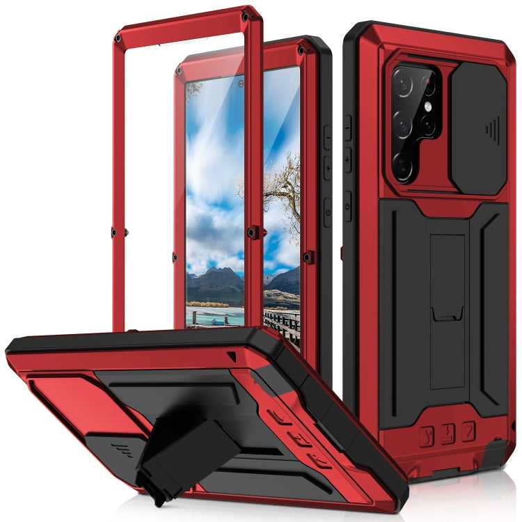 R-JUST Red Sliding Camera Metal + Silicone Holder Phone Case for Samsung Galaxy S22 Ultra 5G