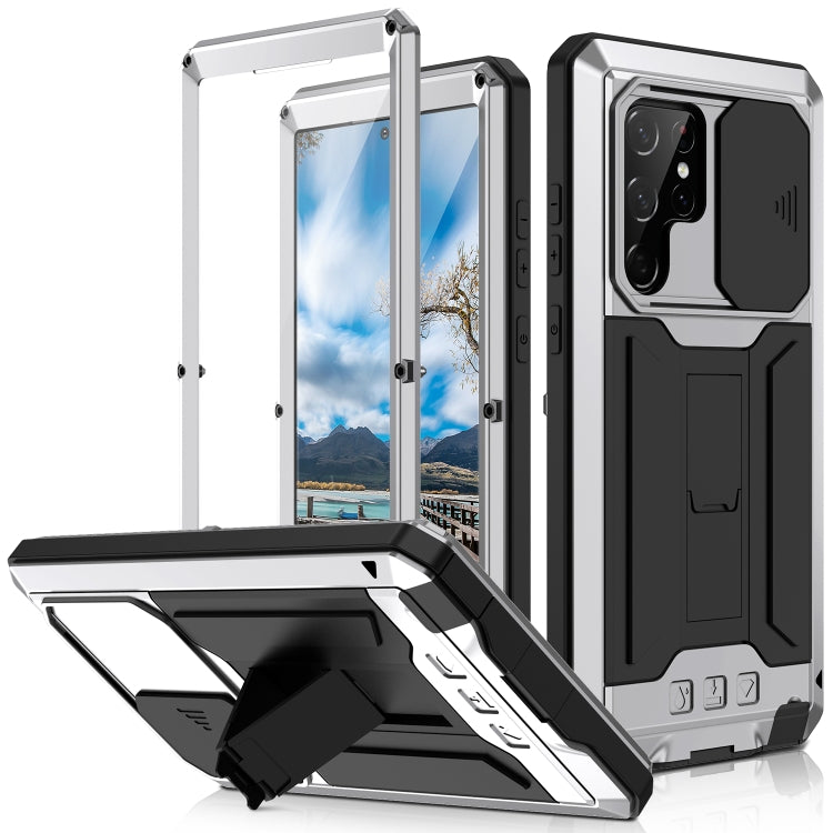 R-JUST Sliding Camera Metal + Silicone Holder Phone Case for Samsung Galaxy S22 Ultra 5G (Silver)