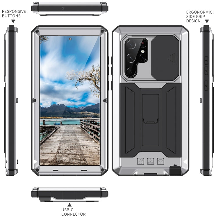 R-JUST Sliding Camera Metal + Silicone Holder Phone Case for Samsung Galaxy S22 Ultra 5G (Silver)