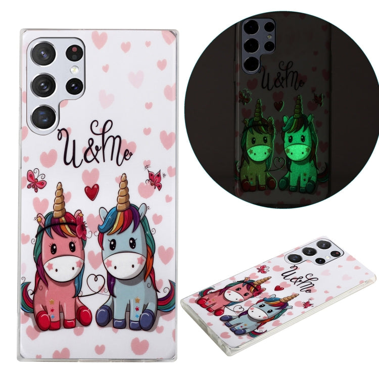 Luminous TPU Protective Phone Case for Samsung Galaxy S22 Ultra 5G with Couple Unicorn Design
