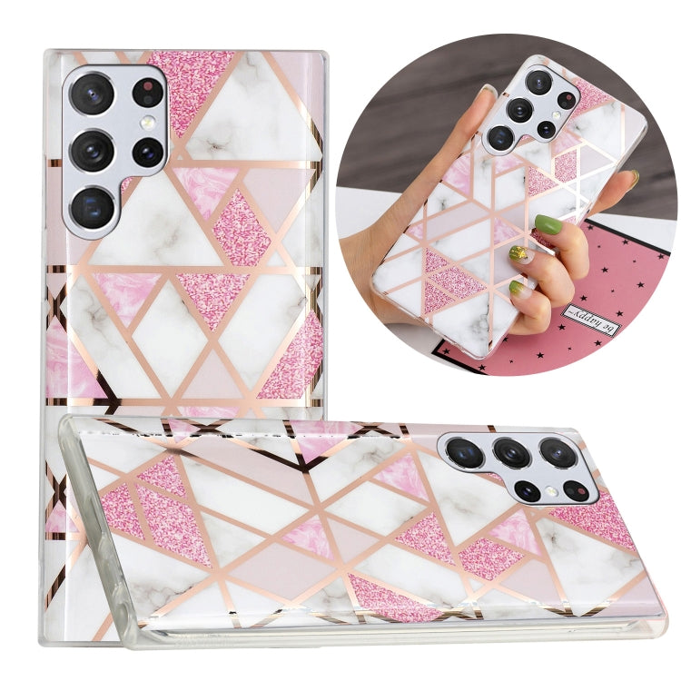 Samsung Galaxy S22 Ultra 5G Electroplating TPU Protective Phone Case in Pink White Rhombus Pattern