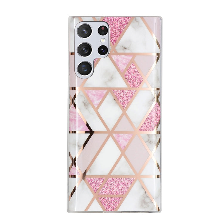 Samsung Galaxy S22 Ultra 5G Electroplating TPU Protective Phone Case in Pink White Rhombus Pattern