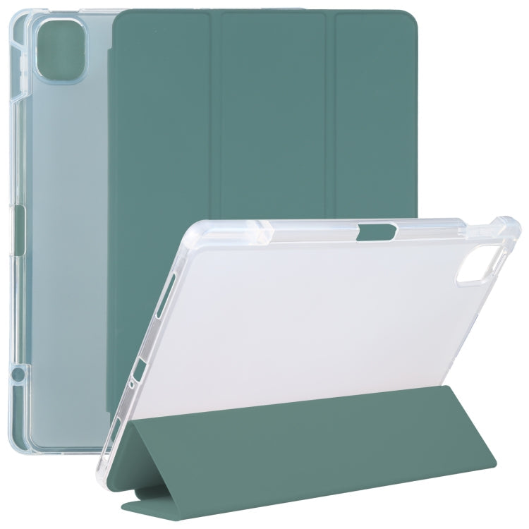 Xiaomi Mi Pad 5 Tablet Case with Pen Slot and Stand (Green Leather, Transparent Back Cover)