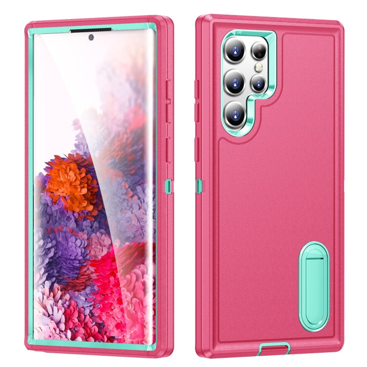 Samsung Galaxy S22 Ultra 5G 3 in 1 Rugged Phone Case with Holder (Pink+Blue)
