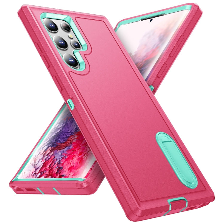 Samsung Galaxy S22 Ultra 5G 3 in 1 Rugged Phone Case with Holder (Pink+Blue)