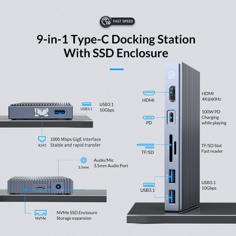 Multifunctional Grey Type-C / USB-C Docking Station by ORICO