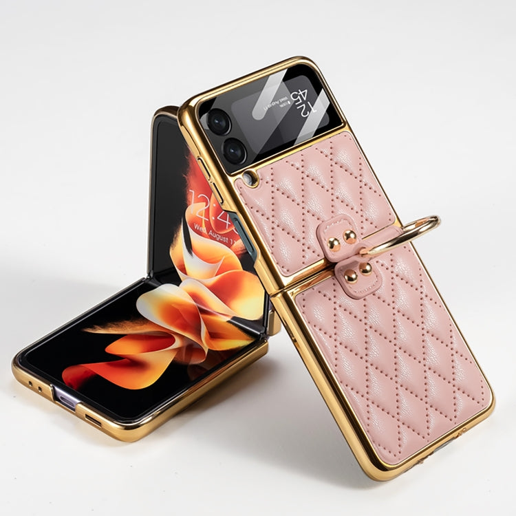 Pink Plating + Leather Phone Case with Ring for Samsung Galaxy Z Flip3 5G