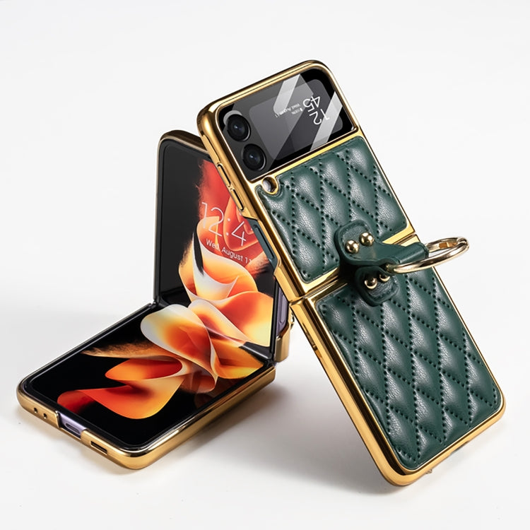 GKK Dark Green Plating + Leather Phone Case for Samsung Galaxy Z Flip3 5G with Ring