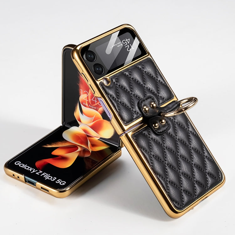 Black Leather Phone Case with Ring for Samsung Galaxy Z Flip3 5G