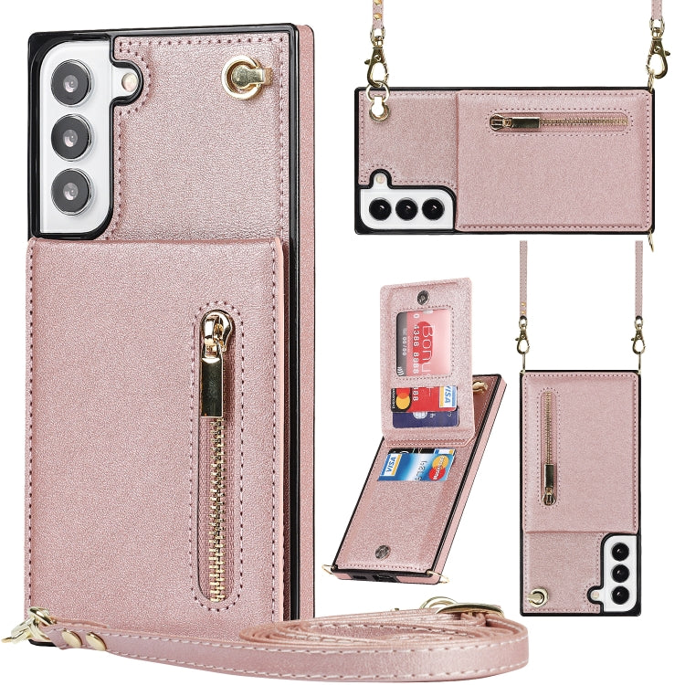 Rose Gold Cross-body Square Zipper Card Holder Phone Case for Samsung Galaxy S22 5G