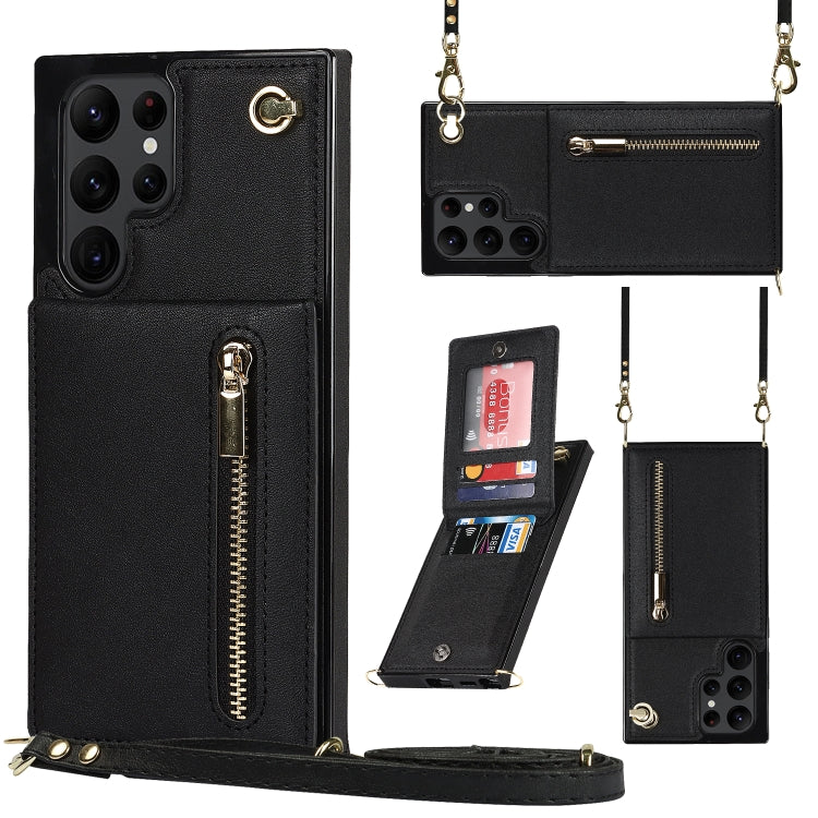 Crossbody Zipper Card Holder Phone Case for Samsung Galaxy S22 Ultra 5G (Black)