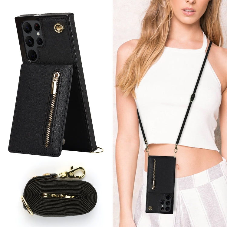 Crossbody Zipper Card Holder Phone Case for Samsung Galaxy S22 Ultra 5G (Black)