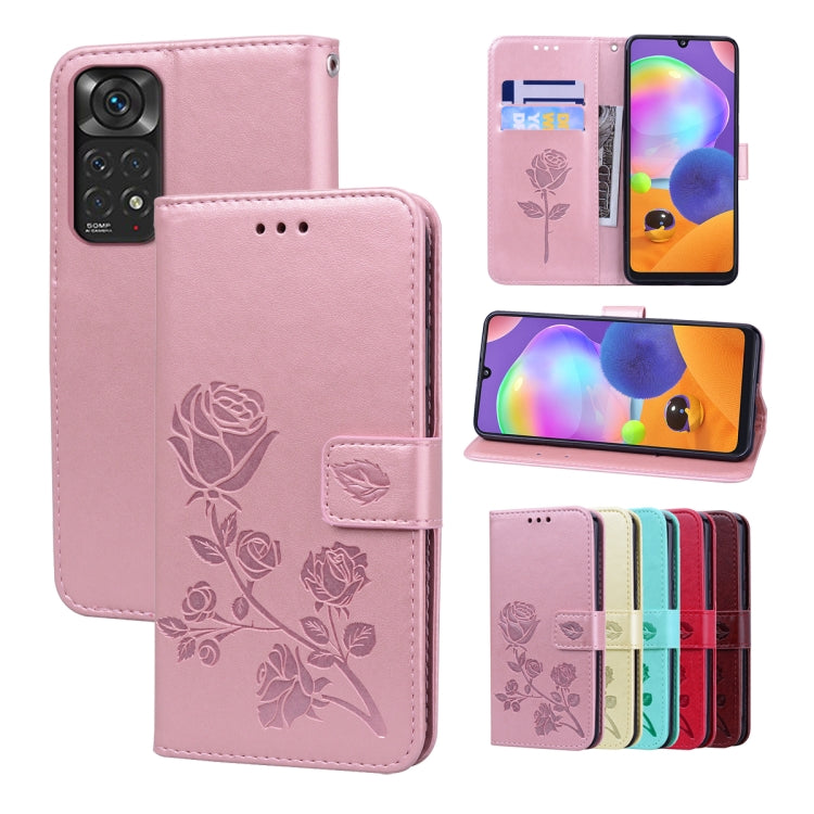 Rose Gold Rose Embossed Leather Phone Case for Redmi Note 11 and Note 11S Global Version