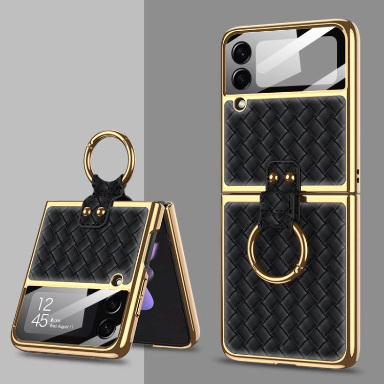 Integrated Plating Weave Texture Phone Case with Ring Holder for Samsung Galaxy Z Flip3 5G (Black)