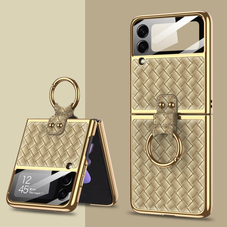 GKK Integrated Plating Weave Texture Phone Case for Samsung Galaxy Z Flip3 5G with Ring Holder (Champagne)