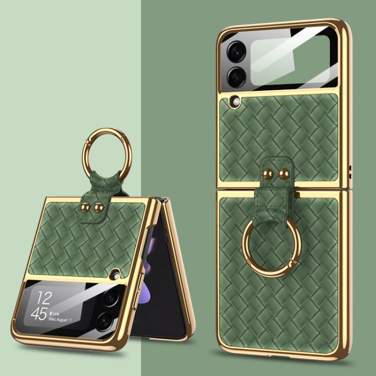 GKK Integrated Plating Weave Texture Phone Case with Ring Holder for Samsung Galaxy Z Flip3 5G (Grass Green)