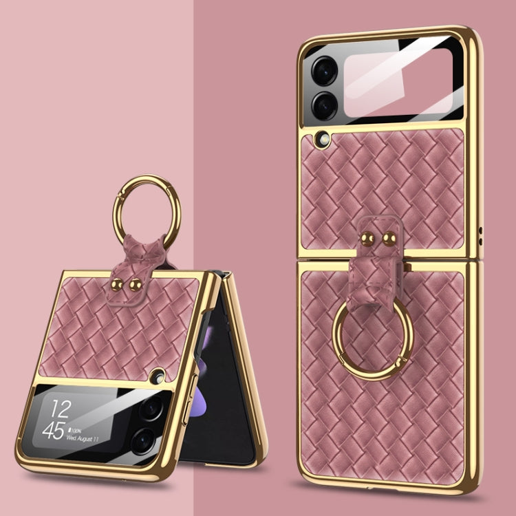 GKK Integrated Plating Weave Texture Phone Case for Samsung Galaxy Z Flip3 5G with Ring Holder (Rose)