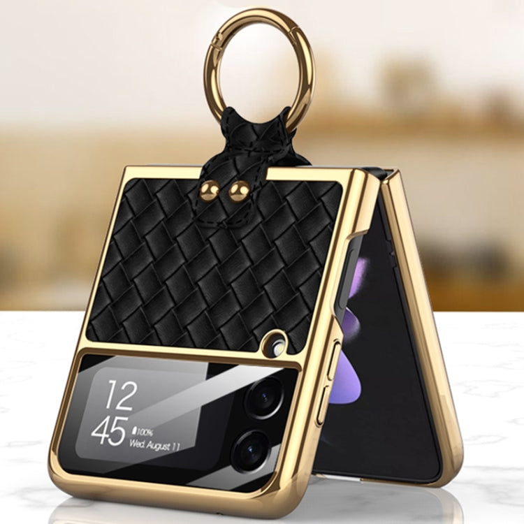 GKK Integrated Plating Weave Texture Phone Case for Samsung Galaxy Z Flip3 5G with Ring Holder (Rose)