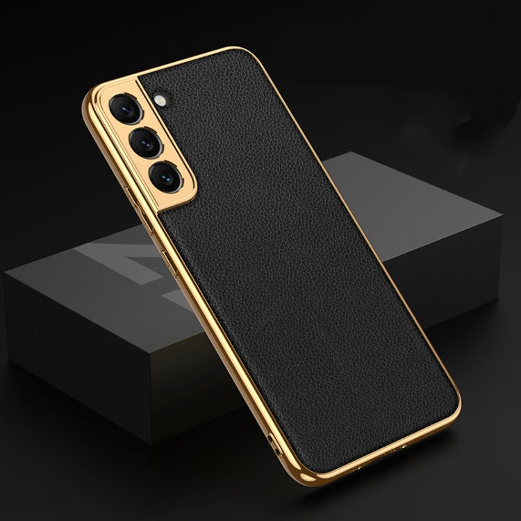GKK Plating TPU + Leather Full Coverage Phone Case for Samsung Galaxy S22 5G (Black)